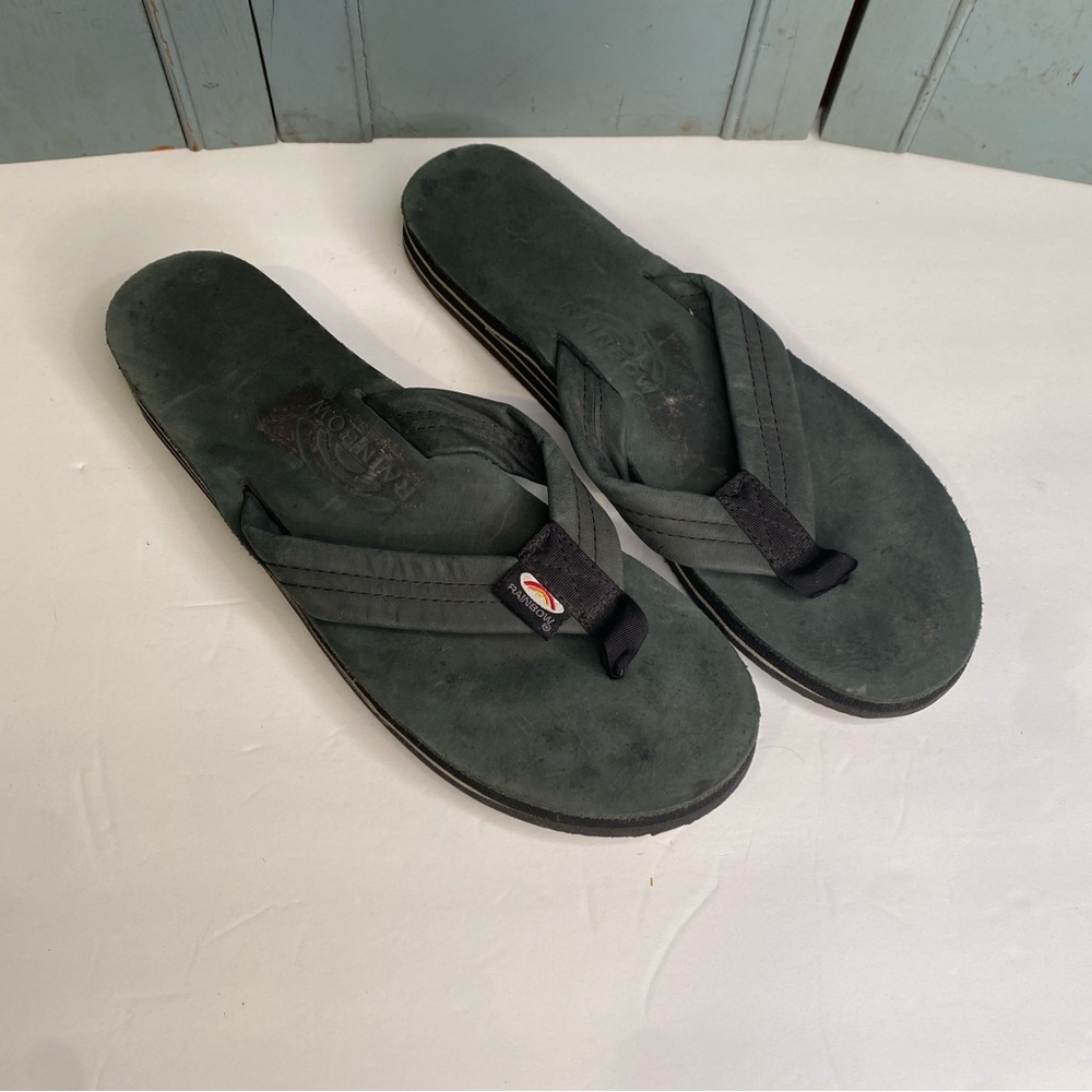 Rainbow Black Leather Thong Sandal Flip Flops Size Women's XL 8.5-9.5